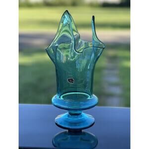 Bischoff Stretch Glass Vase Blue Pedestal Footed 12" Handkerchief Vintage Bishop